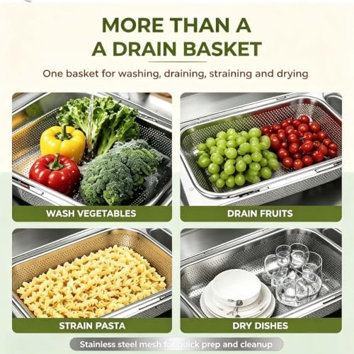 Stainless Steel Telescopic Drainer Basket, Adjustable Over-Sink