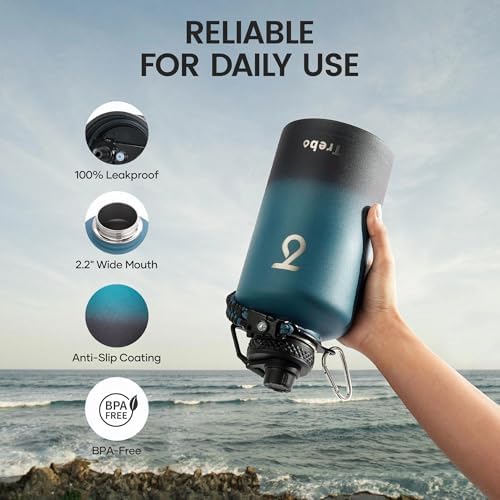 Trebo 64 oz Water Bottle Stainless Steel with 3 Lids, Paracord Handle