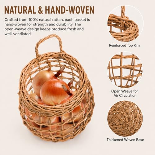 Elsjoy Set of 2 Hanging Onion Basket, Wall Mount Small Wicker Baskets