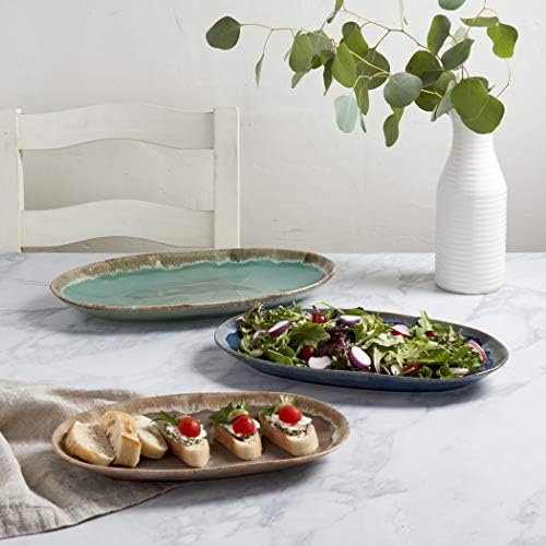 Tabletops Gallery Tuscan Collection Reactive Glaze 3 Piece Oval Stoneware Serving Trays Platters Kitchen Serveware, Blue Teal Green Brown