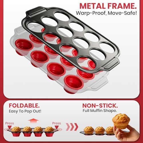 Silicone Muffin Pans for Baking with Metal Frame - 12 Cups Cupcake