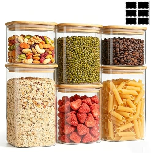 ComSaf Glass Pantry Storage Containers (0.7qt/1.2qt/1.6qt) Set of 6 Jars