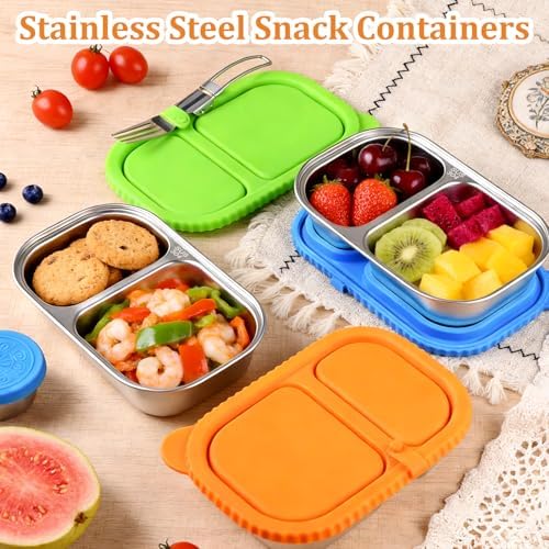 3 Pack Stainless Steel Snack Containers with Silicone Lids, Reusable