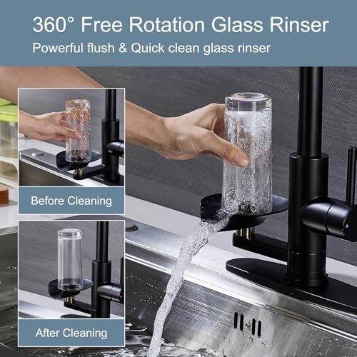 Matte Black Kitchen Faucet with Glass Rinser, Pull Down Sprayer