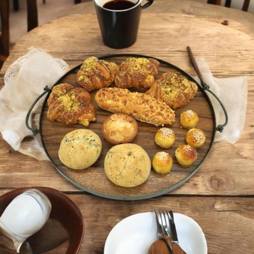 Round Acacia Wood Serving Tray, Handles, 14", Rustic Farmhouse Ottoman