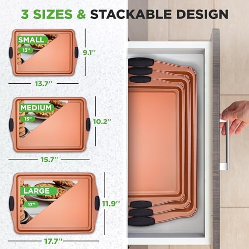 NutriChef 3 Piece Cookie Sheets for Baking - PFOA, PFOS, PTFE Free
