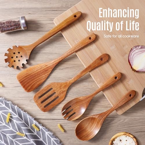 5 Pcs Acacia Wooden Spoons for Cooking Non-Stick Wooden Utensil Set