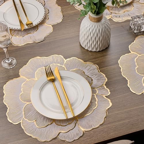 Evevda 15 Inch Gold Floral Shaped Vinyl Placemats for Dinner Table Set