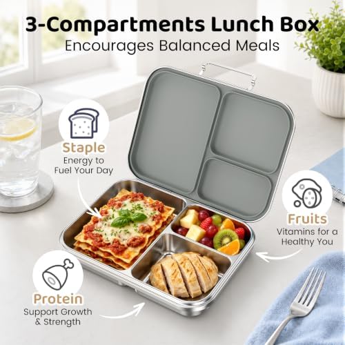 Pawtong Stainless Steel Bento Box, 3 Compartments (Grey)