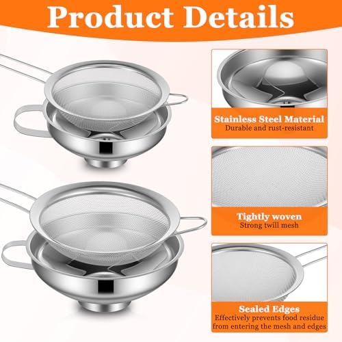 Kenaoeoe 4 PCS Stainless Steel Canning Funnel and Can Strainer Set