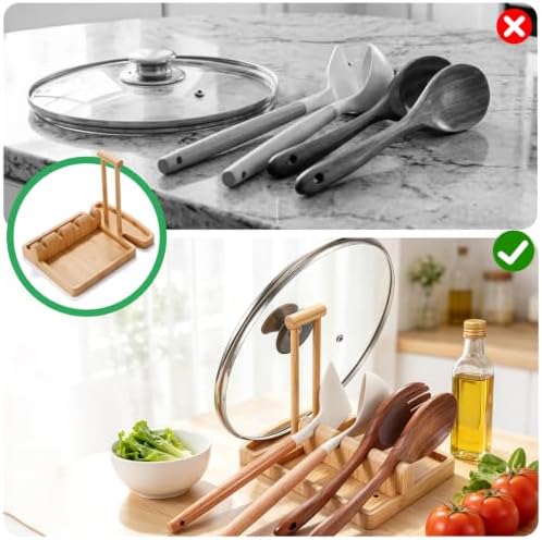 Bamboo Spoon Rest & Pot Lid Holder for Stove Top, 2-in-1 Spatula Rest