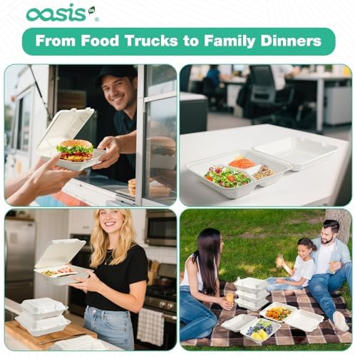 8x8 Inch 68 Pack 3-Compartment Clamshell Take Out Food Containers