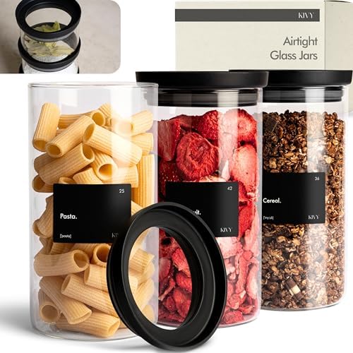 KIVY Airtight Glass Jars with transparent Lids & Labels 3x 40oz