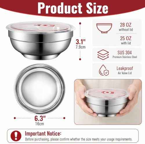 Pumtus 5 Packs 304 Stainless Steel Cereal Bowls, 28 OZ Metal Bowl with Airtight Lid, Leakproof Insulated Ice Cream Bowls, Double Walled Metal Serving Bowl for Soup Noodle Rice Snack