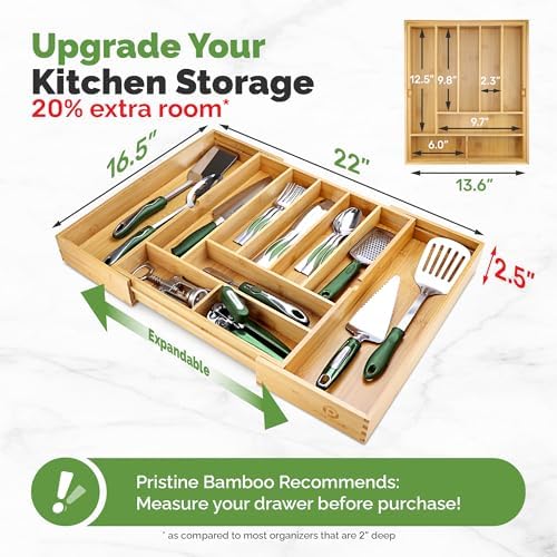 Pristine Bamboo Silverware Organizer - Expandable Kitchen Drawer