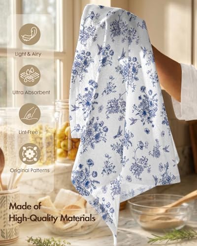 Miss Adola Flour Sack Kitchen Towels Set of 2, 18x26 Inch, Blue Floral