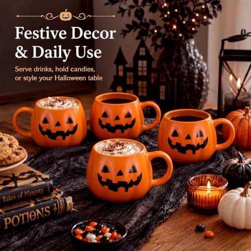 Potchen 4 Pack 12 oz Halloween Coffee Mugs Ceramic Jack O Lantern