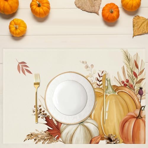 Bonhause Pumpkin Leaves Fall Placemats Set of 4, 12x18 Inch Autumn