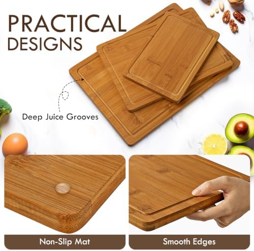 3 Packs Bamboo Cutting Board for Kitchen with Juice Grooves & Storage