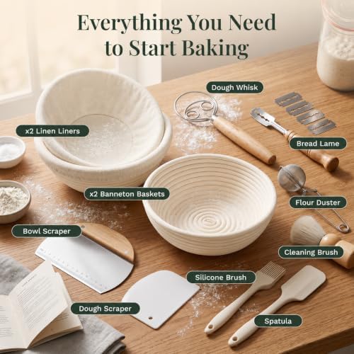 Sourdough Starter Kit, 9" Round Banneton Bread Proofing Basket Set