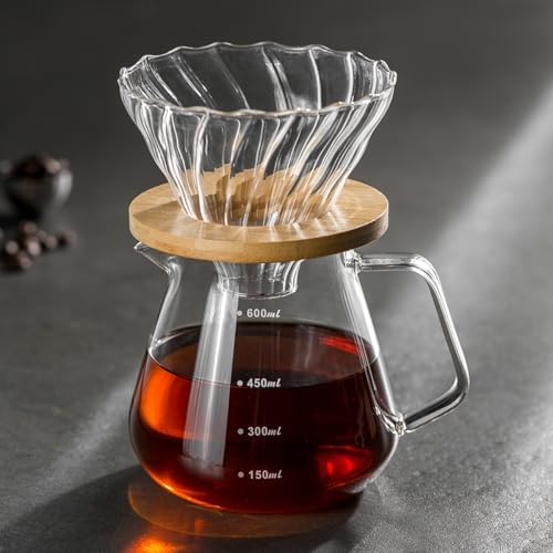 Pour Over Coffee Maker Set – Drip Coffee Pot with bamboo Handle, Glass