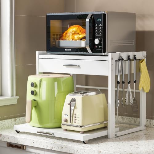 REALINN Microwave Stand with Pull-Out Drawer