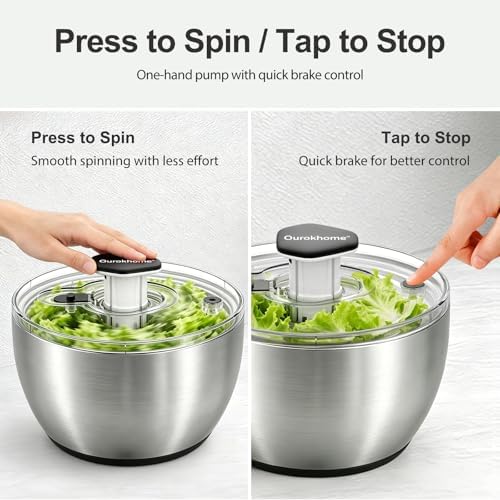 Ourokhome 6.3 QT Stainless Steel Salad Spinner, Large Lettuce Spinner with One-Hand Press Pump, Brake Button, Non-Slip Base and Retractable Handle, Vegetable Washer & Dryer for Greens, Fruits and Herb