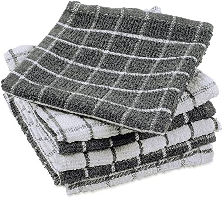 DII Basic Terry Collection Windowpane Dishcloth Set, 12x12, Gray