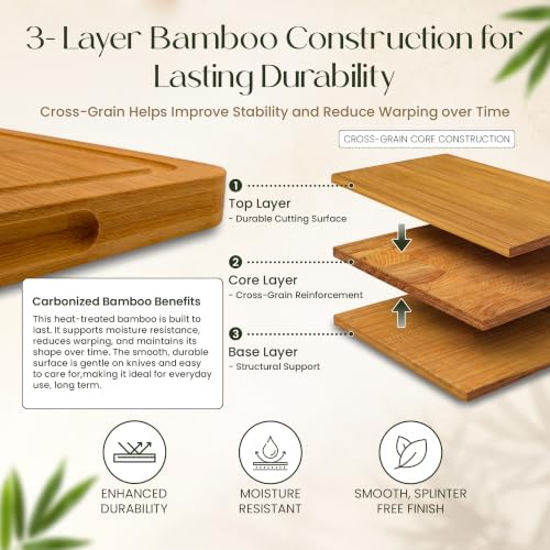 3-Piece Bamboo Cutting Boards - Large Wood Cutting Boards for Kitchen