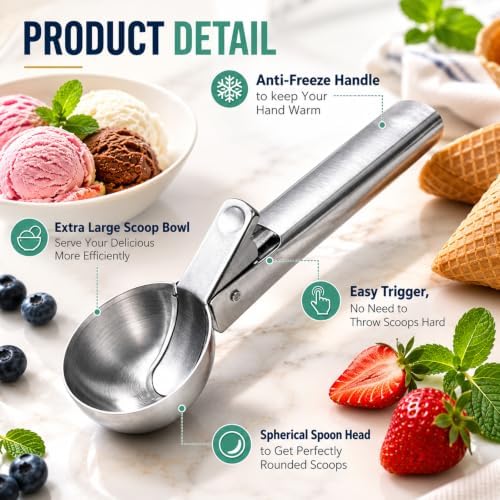 Ice Cream Scoop, Stainless Steel with Trigger & Comfortable Handle