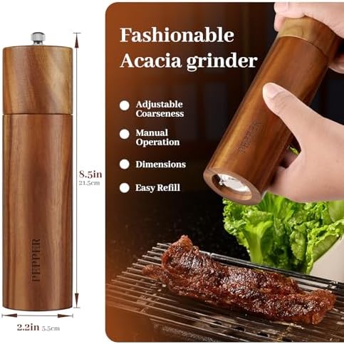 Acacia Wood Salt and Pepper Grinder Set with Base