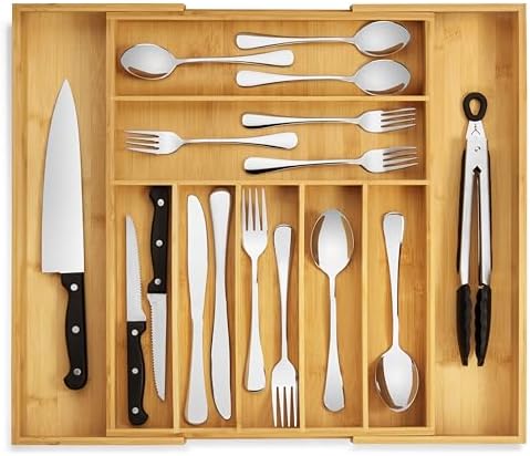 Purawood Expandable Bamboo Drawer Organizer 7-9 Slots, Natural