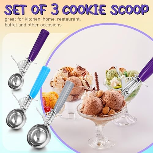 Reallnaive 3 Pcs Ice Cream Scooper with Trigger, 4+2+1 oz, 3 Colors