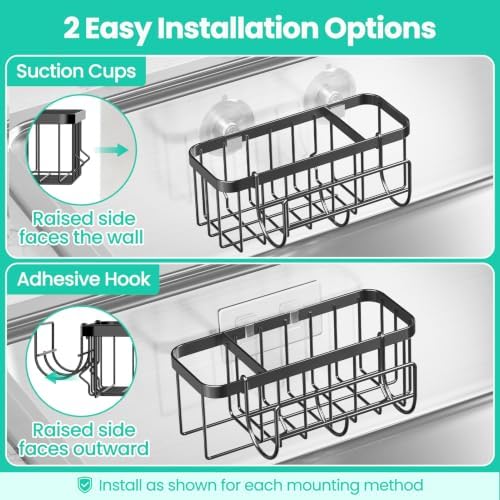3-in-1 Sponge Holder for Kitchen Sink with Suction Cups & Adhesive