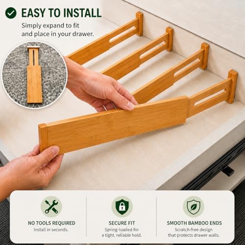 Bamboo Drawer Dividers 4 Pack, Adjustable Spring Loaded Drawer