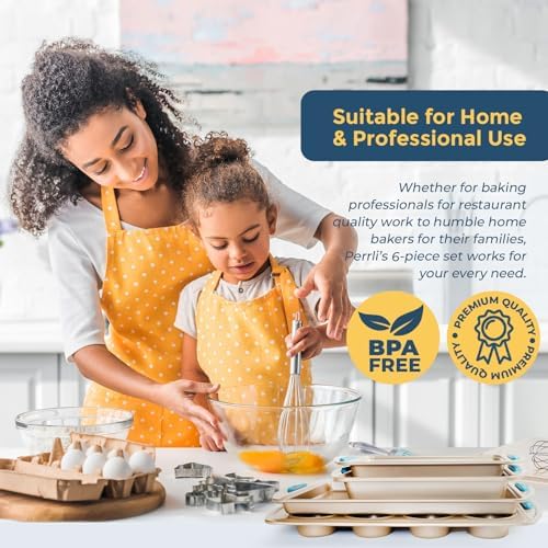 Perlli Baking Kit: Nonstick Gold Steel Oven Set - 6 Pieces, Round Cake