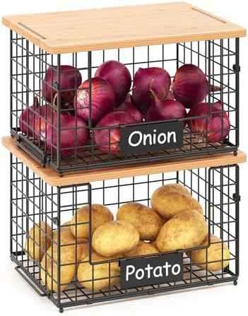2-Pack Stackable Wire Baskets with Bamboo Top