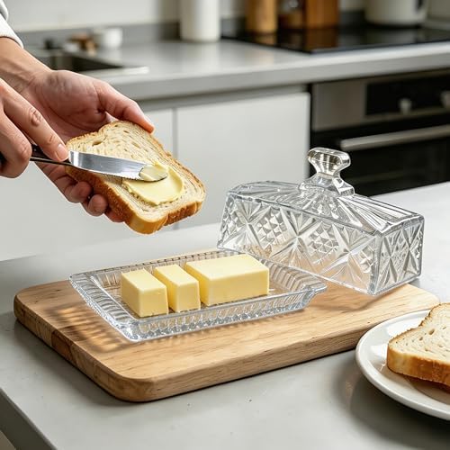 Clear Glass Butter Dish with Lid, 8" Glass Butter Stick Holder Tray