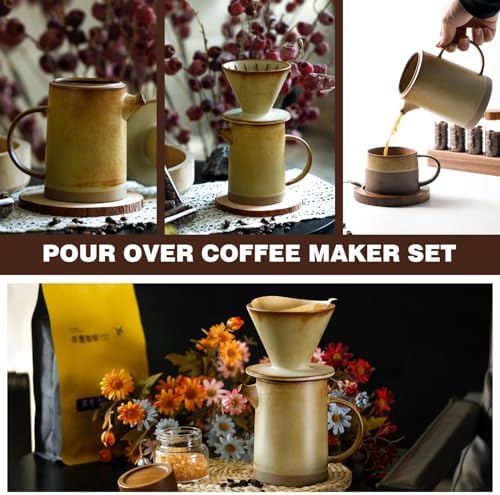 DIF DECO Vintage Ceramic Pour Over Coffee Maker Set, Yellow