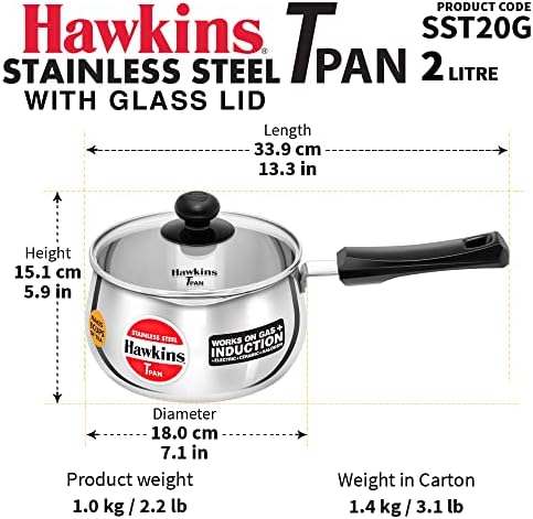 Hawkins 2 Litre Tpan, Stainless Steel Tea Pan with Glass Lid