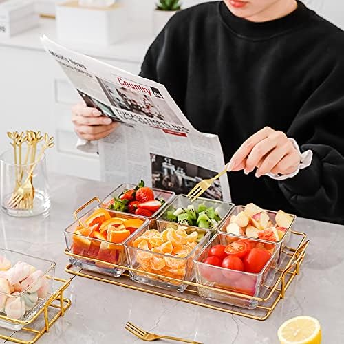 6 Clear Glass Serving Bowls Set with Gold Metal Rack Tray, Removable