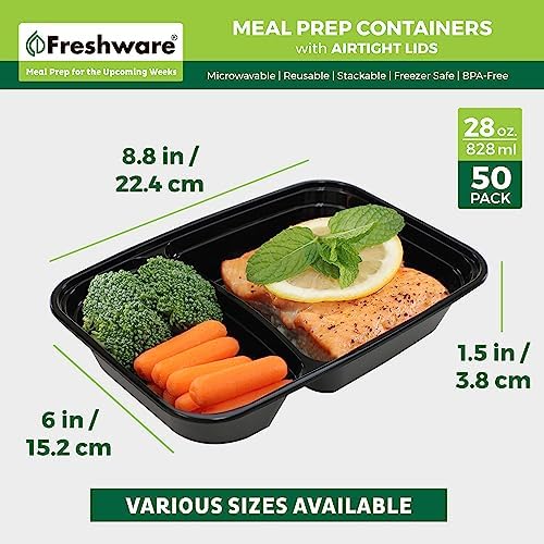 Freshware Meal Prep Containers [50 Pack] 2 Compartment with Lids, Food