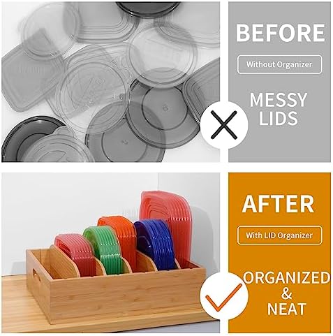 Bamboo Lid Holder Food Container, Kitchen Organizer with 5 Adjustable