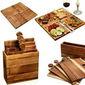 Set of 4 Acacia Wood Charcuterie Board, Puzzle Interlocking Serving Tray with Handle & Storage Box