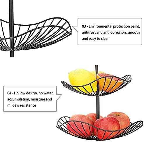 easyBee 3-Tier Fruit Basket Tower Stand, Metal Wire Construction, Vegetable Tiered Shelf, Tall Standing Produce Holder, Serving Basket for More Counter Space, 31 x 25 x 20 cm - Black
