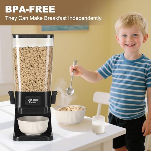 Cereal Dispenser Countertop with Cereal Bowls,16 Labels & Pen, Cereal Containers Storage, Candy Dispenser, Dry Food Dispenser For Pantry - Not Easy to Crush Food (Black, 2 Pack)