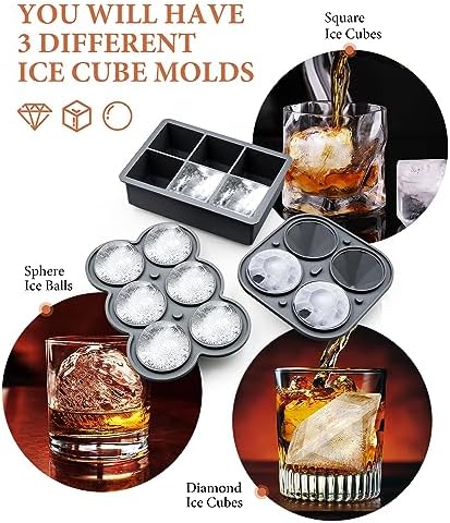 Silicone Large Ice Cube Molds (Set of 3), 6 Ice Ball Maker Mold, 6