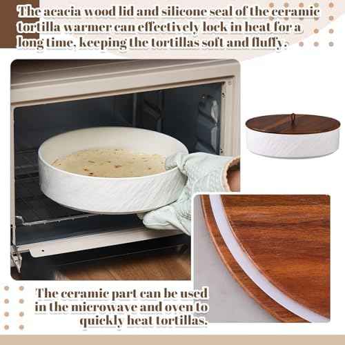 SiliFine Ceramic Tortilla Warmer with Acacia Wood Lid, 9 Inch Tortilla
