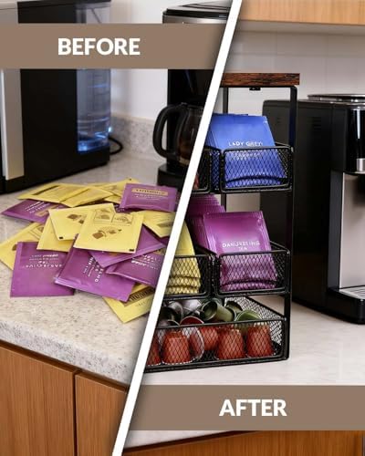 Tea Bag Organizer with 5 Drawers, Wooden & Metal Tea Storage Organizer