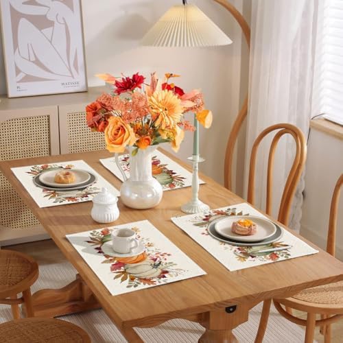RABUSOFA Orange Pumpkins Leaves Fall Placemats Set of 4